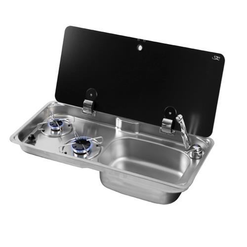 LAVELLO INOX CON PIANO DI COTTURA A GAS CON 2 FUOCHI FL1770 VASCA DX