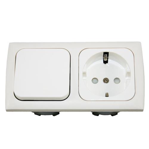 PRESA 230V SCHUKO + INTERRUTTORE + CORNICE SENZA COPERCHIO + SCATOLE PROT. BIANCO