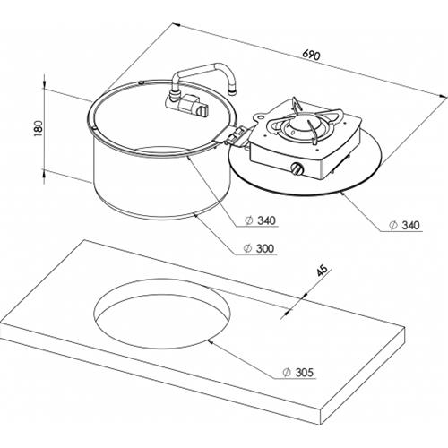 PIANO COTTURA A GAS CON 1 FUOCO DIAM.340 P180MM RIBALTABILE CON LAVELLO INOX