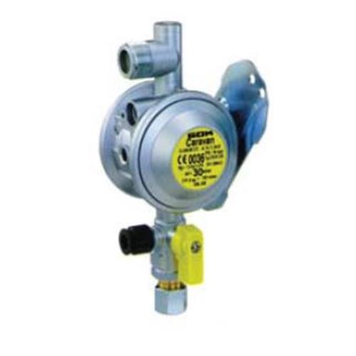 REGOLATORE GAS 30MB 1.5KG/H FISS. A PARETE ING.8MM CON VALVOLA E INGRESSO LATERALE