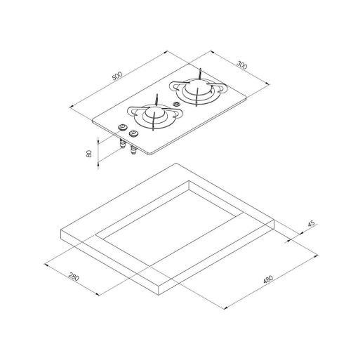 PIANO COTTURA A GAS CON 2 FUOCHI 1900+3000W CRYSTAL