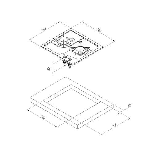 PIANO COTTURA A GAS CON 2 FUOCHI 1900+1900W BURNY