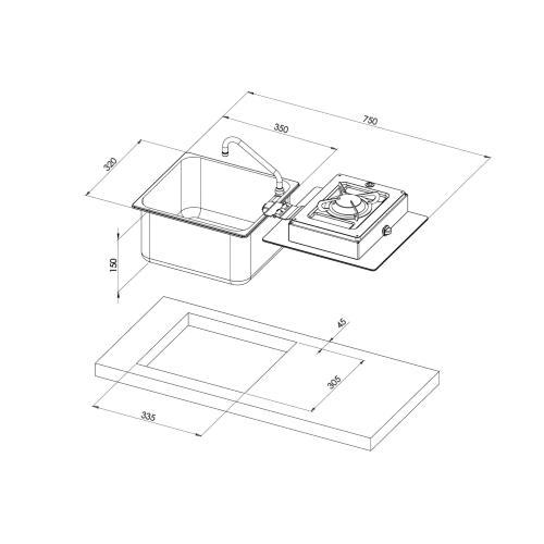 PIANO COTTURA A GAS CON 1 FUOCO 320X350 P180MM RIBALTABILE CON LAVELLO INOX