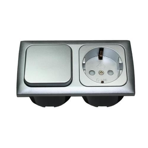 PRESA 230V SCHUKO + INTERRUTTORE + CORNICE SENZA COPERCHIO + SCATOLE PROT. ARGENTO