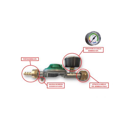 REGOLATORE BASSA PRESSIONE 1.5KG 29MBAR CON INDICATORE DI LIVELLO E VALVOLA DI SICUREZZA