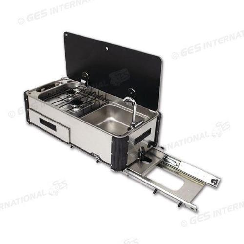 LAVELLO INOX CON PIANO DI COTTURA A GAS CON 2  FUOCHI 1000+1900W ESTRAIBILE SLIDE OUT KITCHEN SL140LL