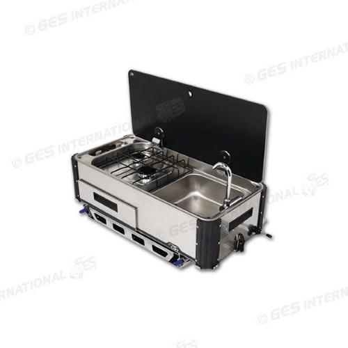 LAVELLO INOX CON PIANO DI COTTURA A GAS CON 2  FUOCHI 1000+1900W ESTRAIBILE SLIDE OUT KITCHEN SL140LC