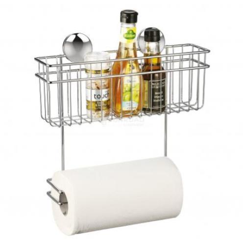 PORTA ROTOLO IN FILO CROMATO A VENTOSA CON CESTINO