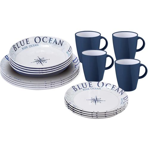 KIT PIATTI E ACCESSORI IN MELAMINA 4 PERSONE 16PZ BLUE OCEAN 0830155N.C8C